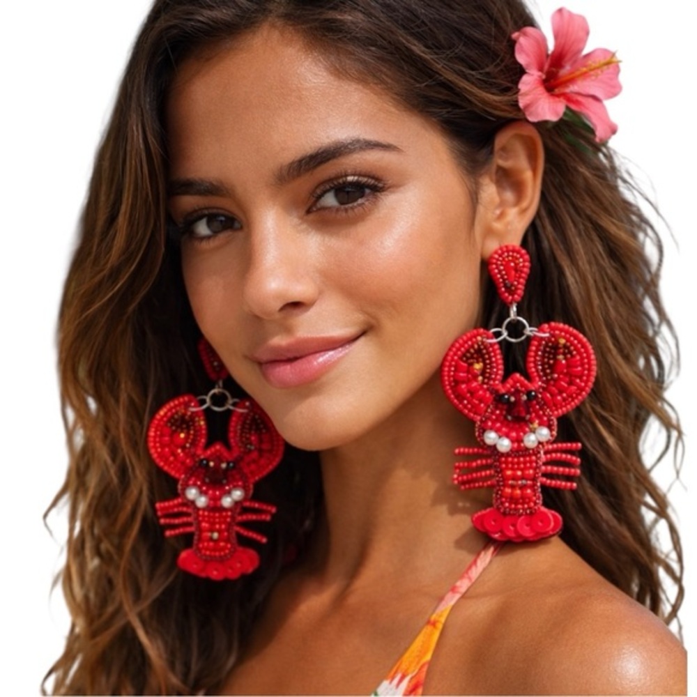 Lobster Beaded Earrings Tropical Vacation Statement Coastal Nautical Red Beach - Picture 1 of 2